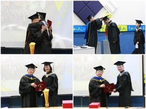 李清潭院長頒發畢業證書，EMBA林東清執行長為同學們撥穗。