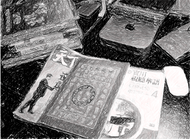 Illustration of Elan Gibb’s workstation, inundated with Chinese literature
